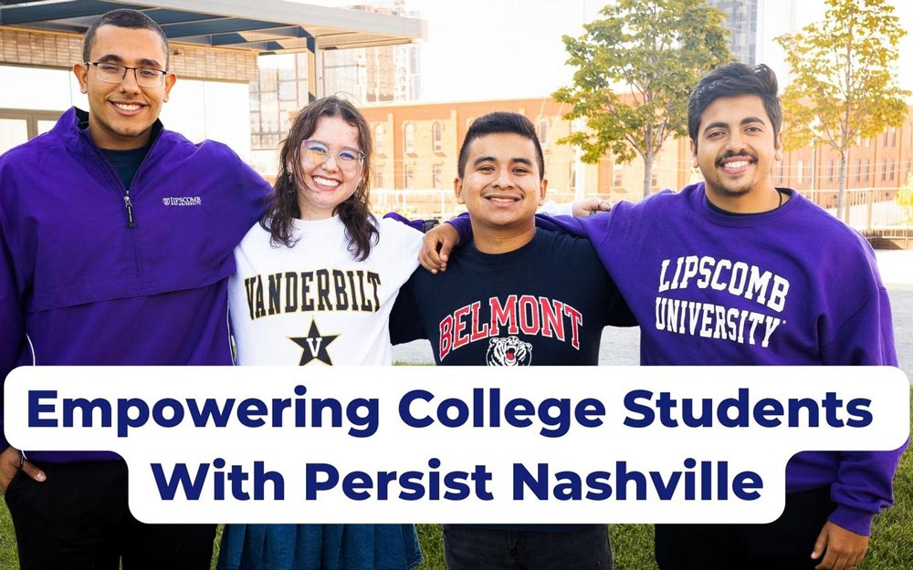 This is a cover image of 4 happy college students that links to an article about empowering college students with Persist Nashville.